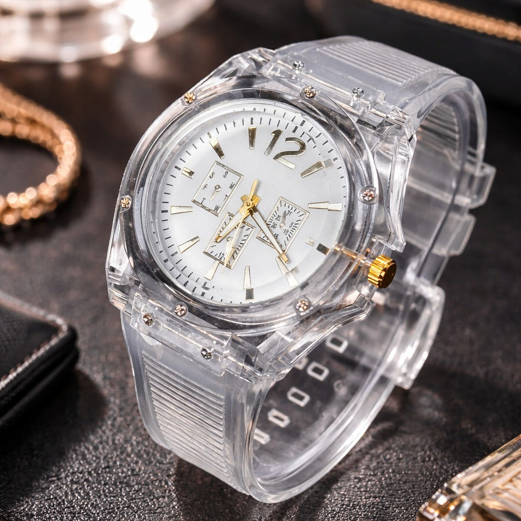 RoshiTimes Luxury Transparent Quartz Watch – Modern Crystal-Clear Design with Gold Accents – Only 999