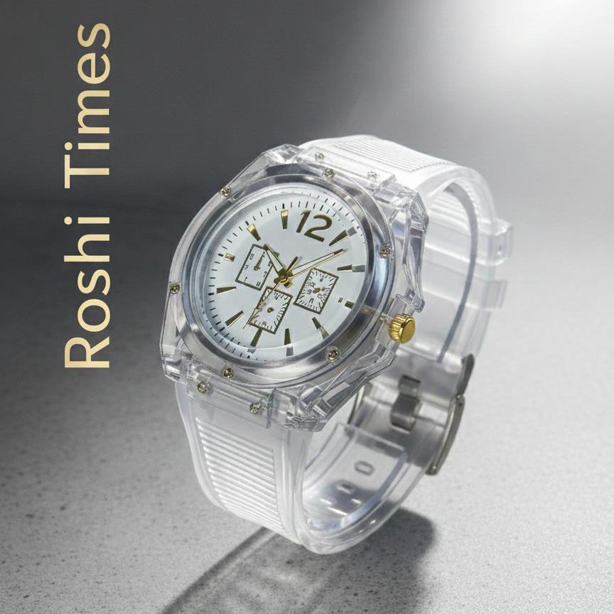 RoshiTimes Luxury Transparent Quartz Watch – Modern Crystal-Clear Design with Gold Accents – Only 999